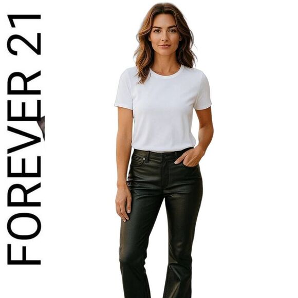 Forever 21 Black Faux Leather High Rise Flare Pants Sexy Jeans - Picture 1 of 11